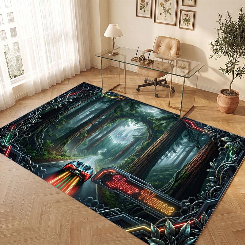 Mushroom Forest Theme Crystal Velvet Floor Rug Personalized Custom Name Text Warm Carpet Home Decoration