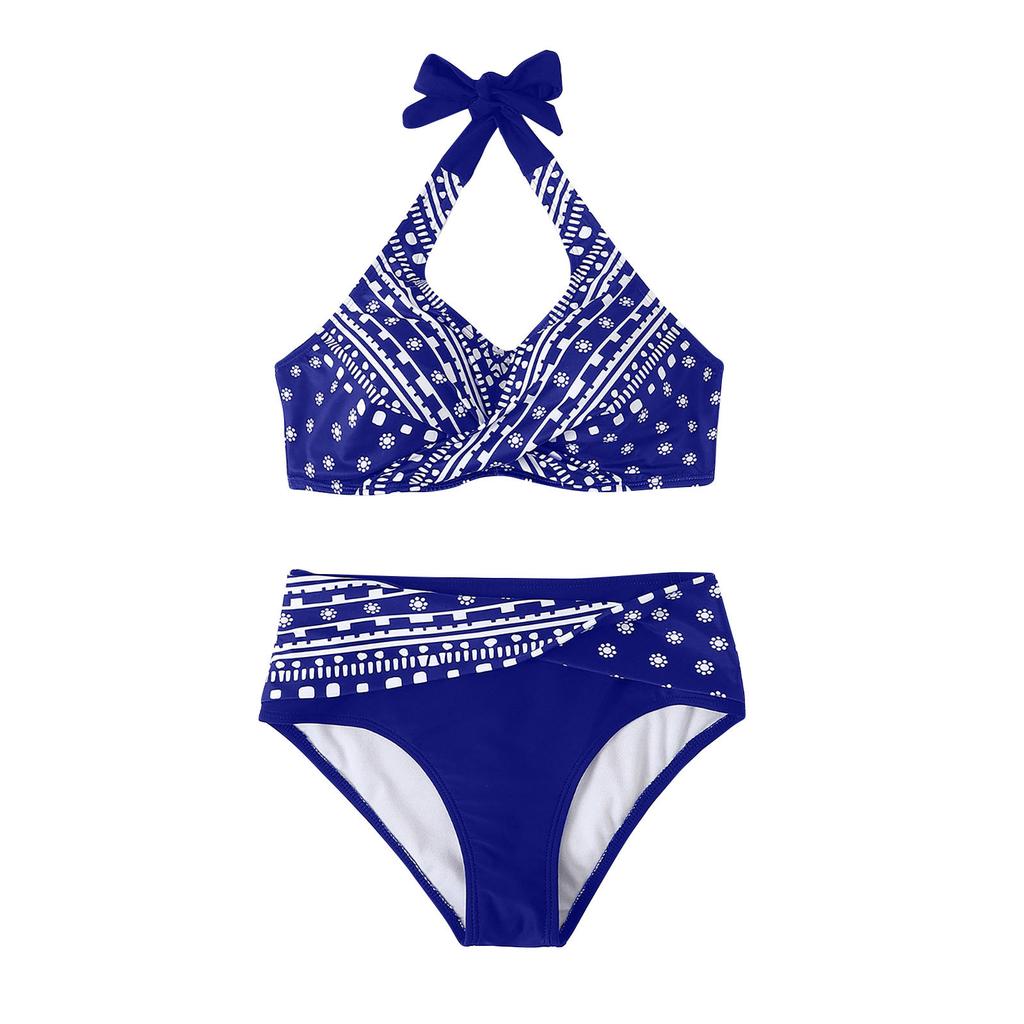 Fashion Women's Sexy Printed  Neck Strap Backless Beachwear Bikini Swimsuit Split Swimsuit