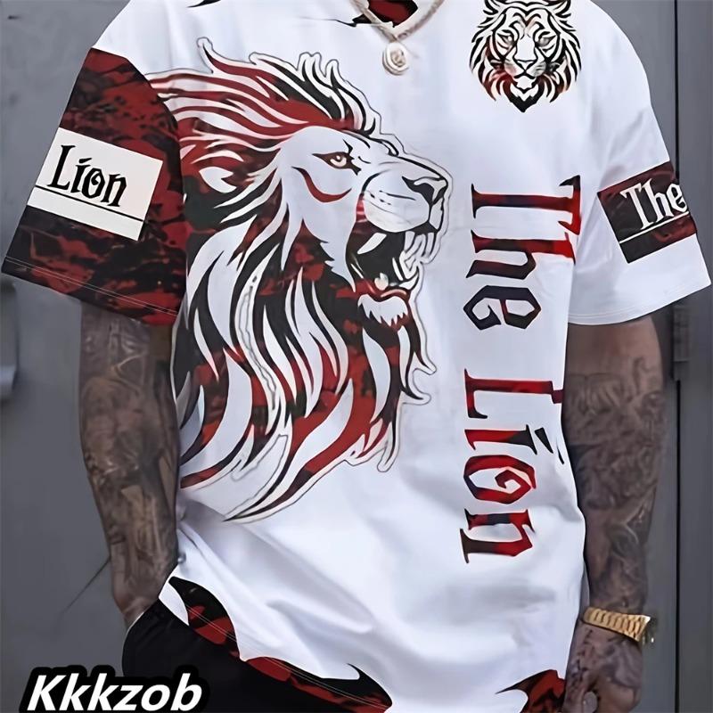 Mens Lion Print Short Sleeve O-Neck T-Shirt Soft Breathable Casual Wear Outdoor Activities Sports Loose Oversized Tops