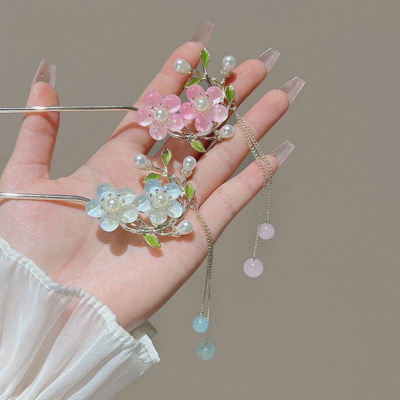 Classic Chinese Double Flower Hair Stick Pins for Women Flower Beaded Tassel Handmade Hairpins Jewelry Accessories Hair Ornament