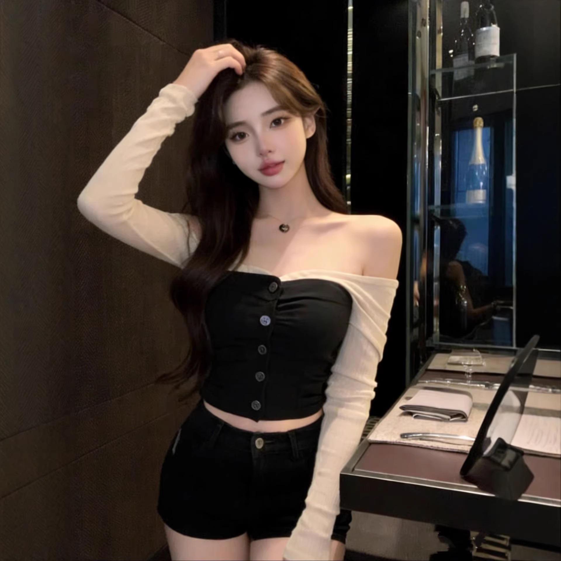 ZS4777 Black Light Luxury Sexy One-Shoulder Bandeau Top - Women s Elegant, Age-Defying Long Sleeve Style Medium чёрный