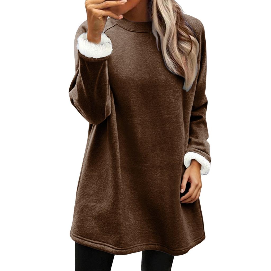 Women's Solid Fleece Lined Sweatshirt Dress Crew Neck Long Sleeve Loose Warm Casual Home Wear Winter Mini Dress