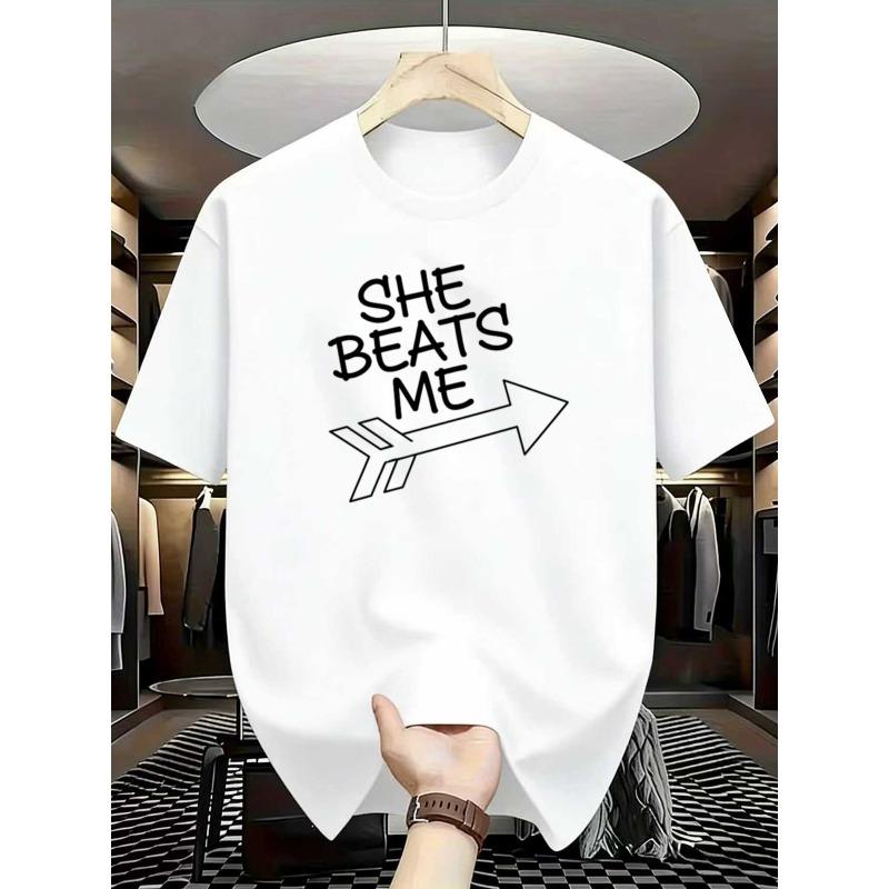 European sizes Men'S Casual Short-Sleeve T-Shirt | She Beats Me Humor Design - Breathable Summer T-Shirt, Machine Washable, Regular Fit