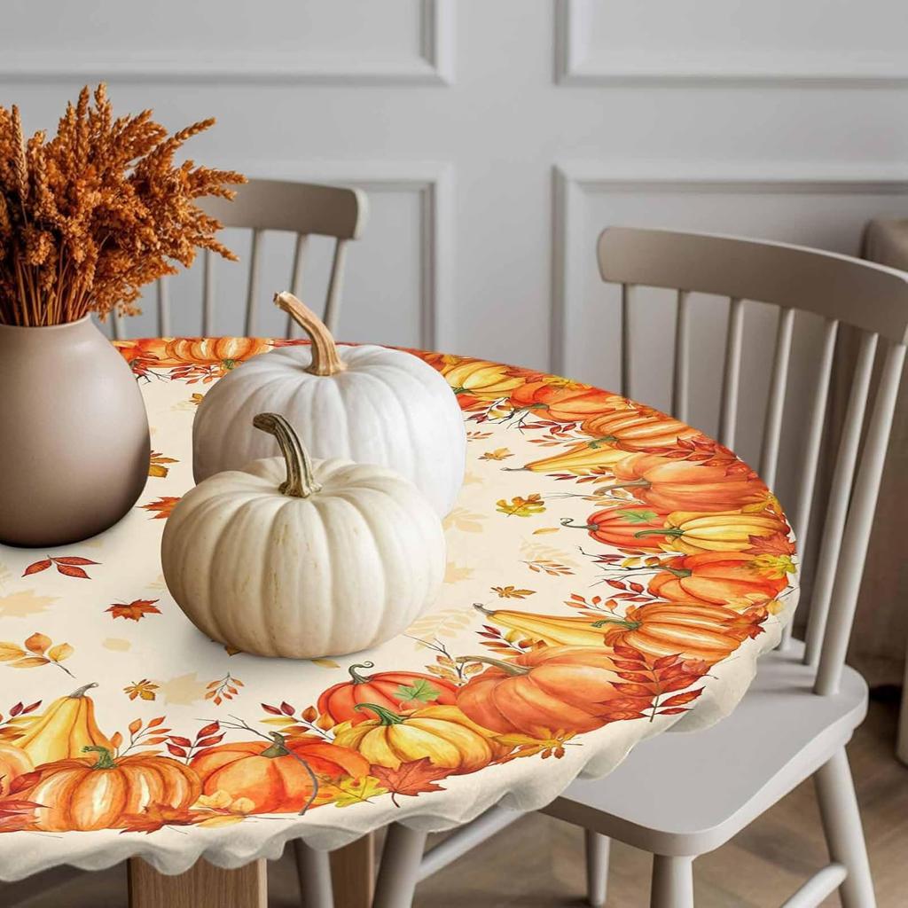 Herbst Erntedank Runder Tischdecke, Bauernhof Kürbis Botanische Ahornblätter Wasserdichtes Spann-Tischcover mit elastischem Rand, Herbst Ernte Tischdecken