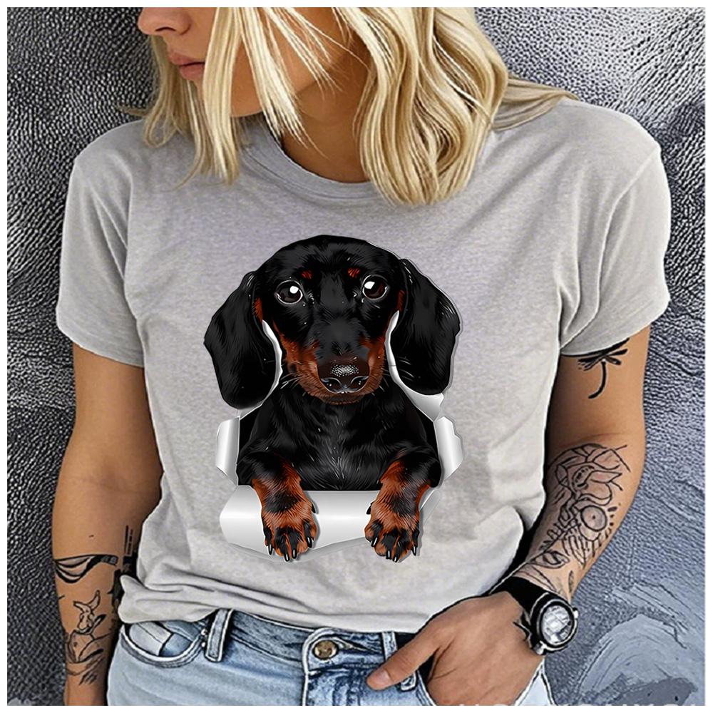 Cotton  Cute Dachshund Break Through Paper Graphic T Shirt Women Casual Pet Dog Print Short Sleeve Tee Gift For Dachshund