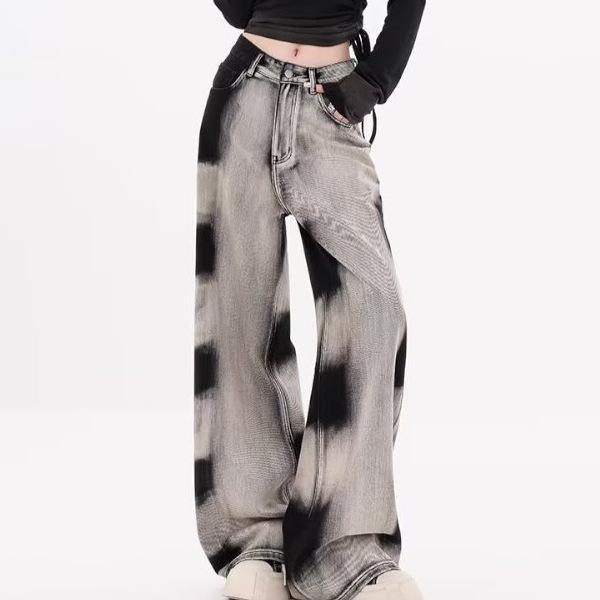 

French Retro Gradient Tie-Dye High-Waisted Loose Wide-Leg Jeans for Women Medium