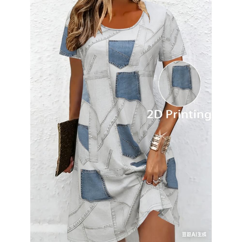 Breathable printed round-neck short-sleeved T-shirt dress