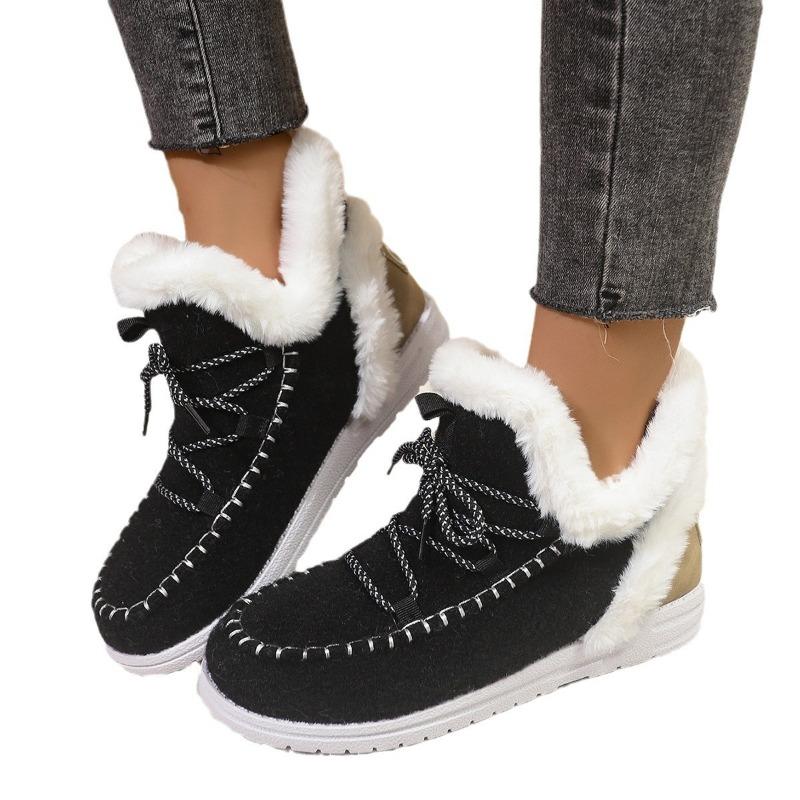 Herbst und Winter neue große Größe flacher Absatz runde Spitze flauschige Baumwollschuhe zum Schnüren Fleece thermisch lässige Damen Schneestiefel Damen