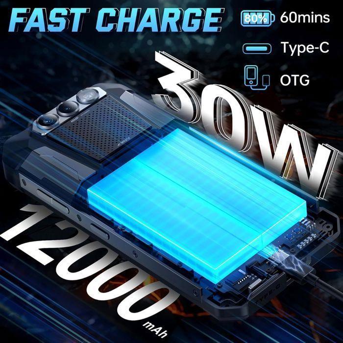 Téléphone Portable Incassable FOSSiBOT F106 Pro 15Go+256Go 6,58" 12000mAh Smartphone Robuste Android 14 Dural SIM 4G/NFC/IP68 Noir