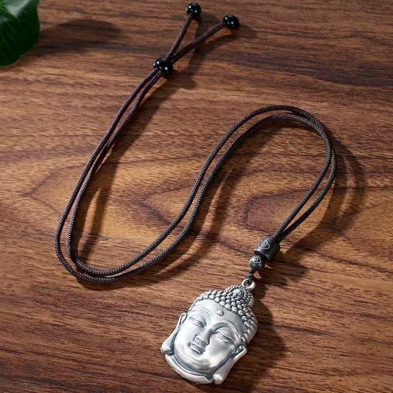 Silver Ethnic Buddha Pendant: Unisex Sweater Accessory with Black Rope