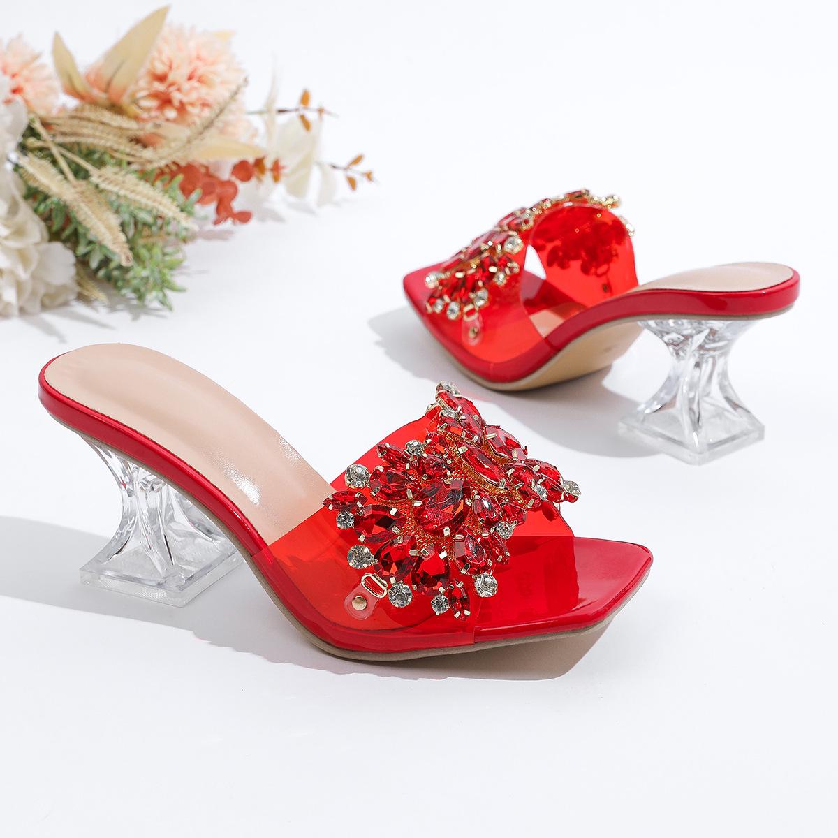 2026 Summer Women s Rhinestone Crystal Heel Square Toe Slides 43