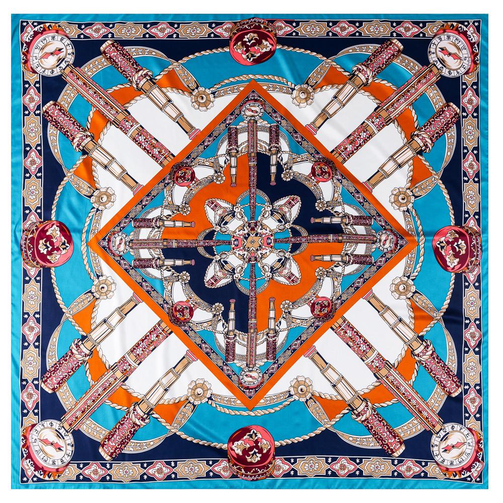 POBING Silk Scarf Women Scepte Print Square Scarves Wraps Large Bandana Luxury NecKerchief Hijabs Female Silk Foulards 130CM