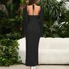 Mesh long-sleeved dress, European and American sexy high-split halter neck pleated long dress