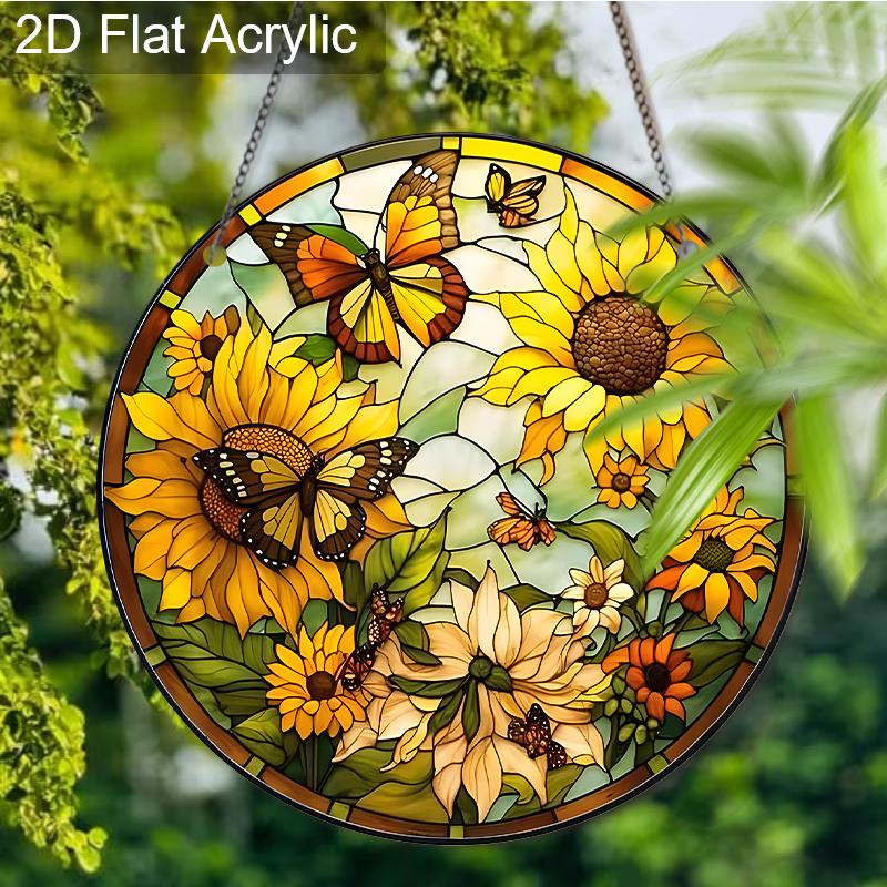 Acrylic Sunflower and Butterflies Suncatcher, Stained Glass Style Window Hanging Ornament for Nature and Garden Lovers