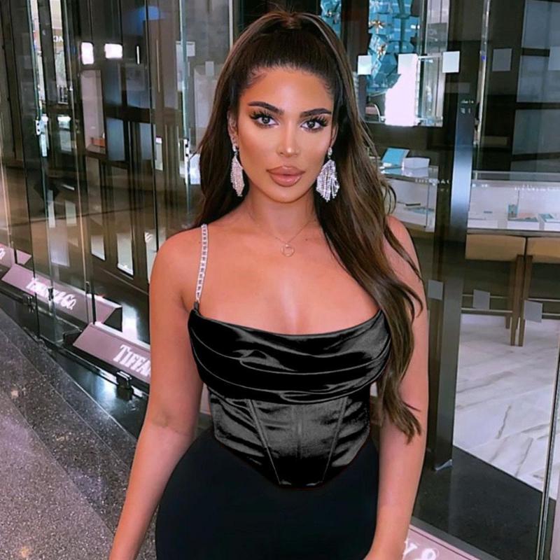 

Женские топы, пикантные модные тонкие однотонные подтяжки с цепочкой и короткой частью майки с большим вырезом M чёрный