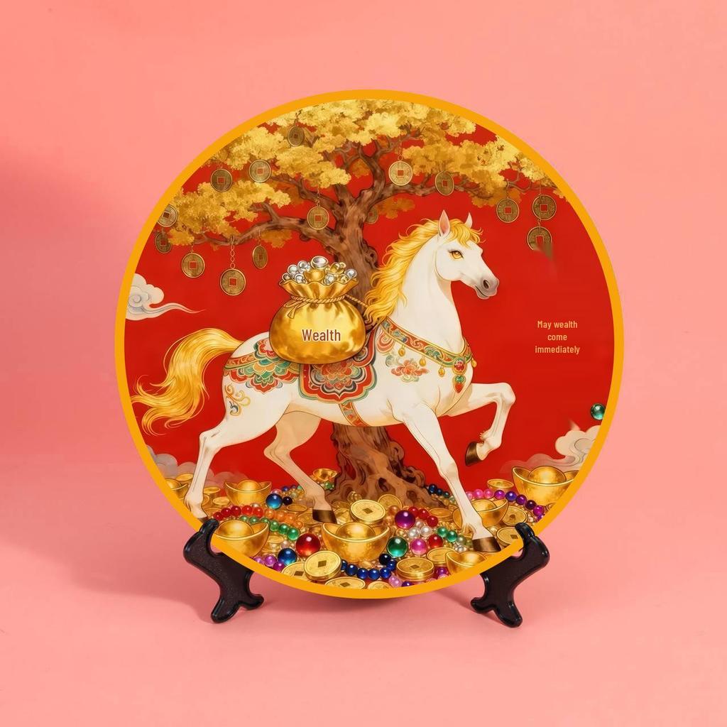 Hurry! Year of the Horse Round Frameless Decorative Painting for Entryway Cabinet or Desktop, Perfect for New Home Housewarming!