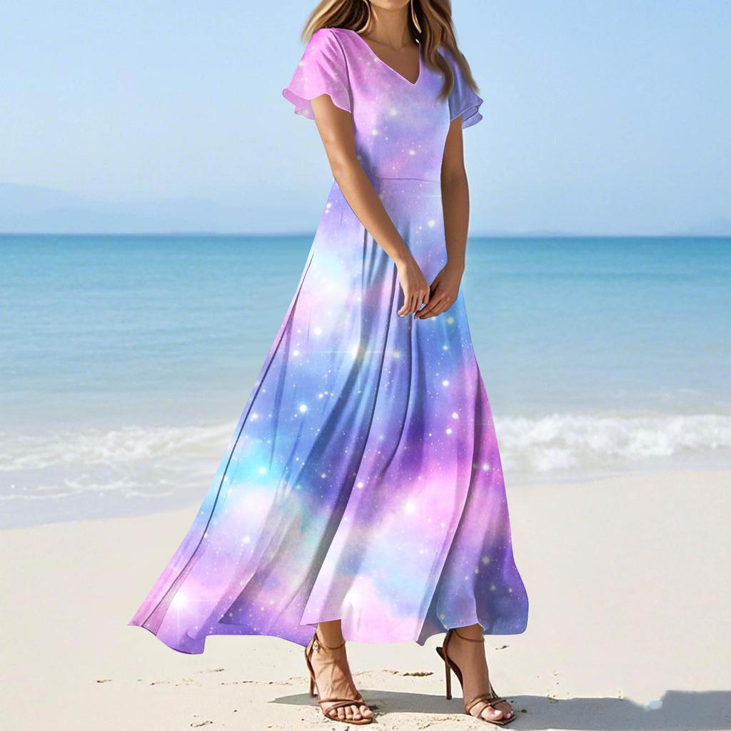 Women's Summer Casual Fashion -Print V-Neck Short-Sleeve Patchwork Dress