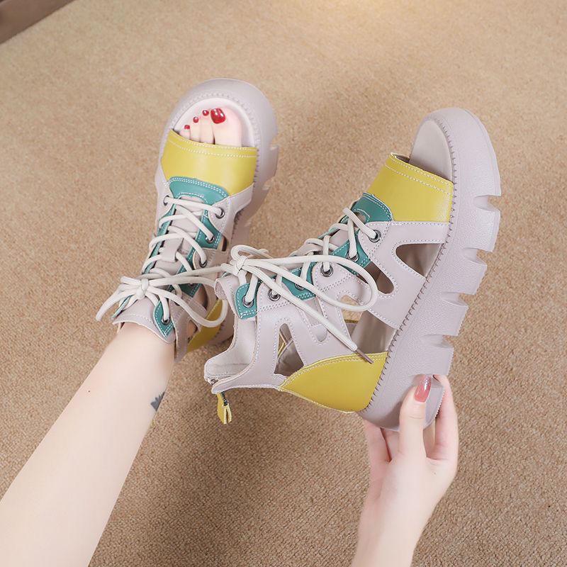 

Женские ретро сандалии на платформе со шнуровкой: Дышащая модная обувь с перфорацией на лето 2025 38 жёлтый/бежевый