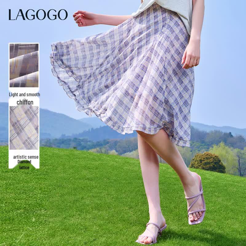 LAGOGO Fog Purple Plaid Chiffon A-Line Vacation Dress L
