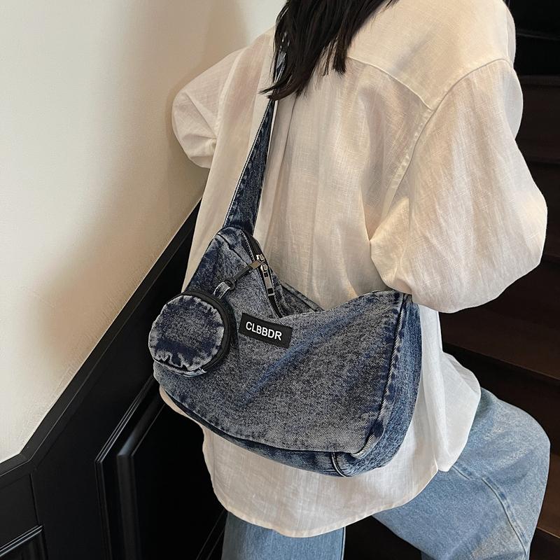 Solid Color Crossbody Bag Underarm Bag Women Denim Bag Commuter Shoulder Bag