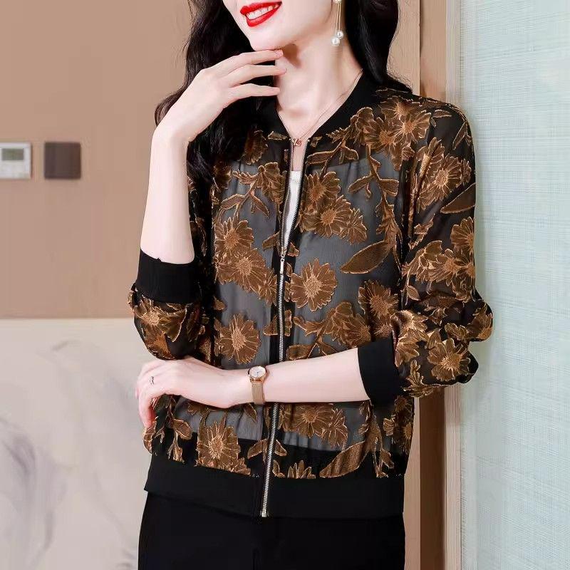 Women s Spring/Autumn Retro Print Baseball Jacket - Stylish, Lightweight, Sun Protection Top 5XL
