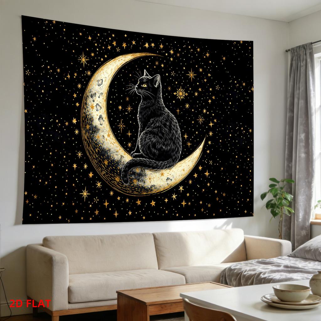 Mysterious Star Moon Black Cat Tapestry Black Gold Color Starry Sky Cat Printing Hanging Cloth Room Decoration