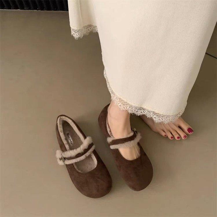 Japanese velvet Boken shoes women's 2025 autumn and winter new one-word belt Mary Jane Doudou single shoes flat-soled maternity cotton shoes