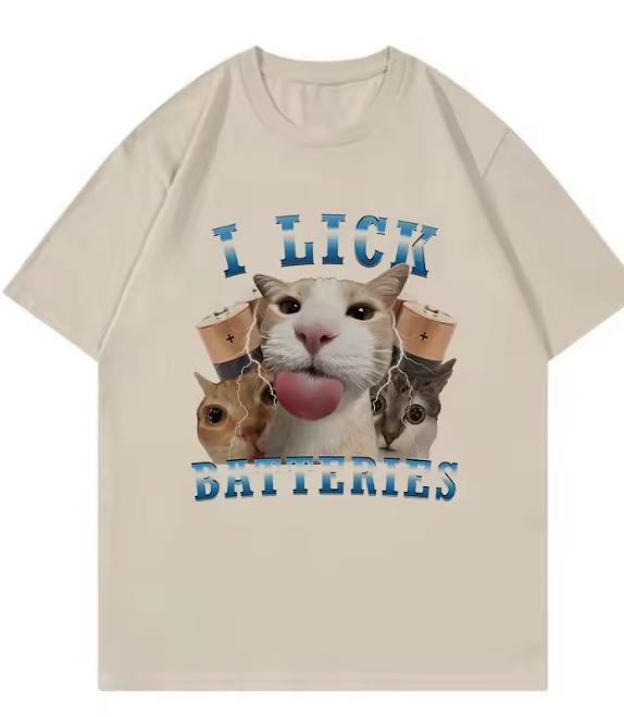 Fashion I Lick Batteries Cat Meme T Shirts Unisex Unisex Cat Tshirt Round Neck Short Sleeve Trendy Tee Shirt Streetwear