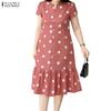 Vestido Casual Feminino de Verão com Decote em V e Manga Curta com Estampa de Bolinhas