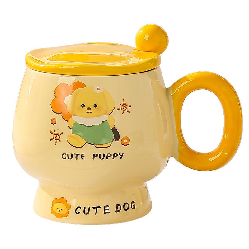 Cană de desene animate cu capac și linguriță, cană ceramică drăguță pentru fete cu aspect deosebit, cană pentru apă pentru acasă, cană pentru cafea, cană pentru micul dejun pentru copii