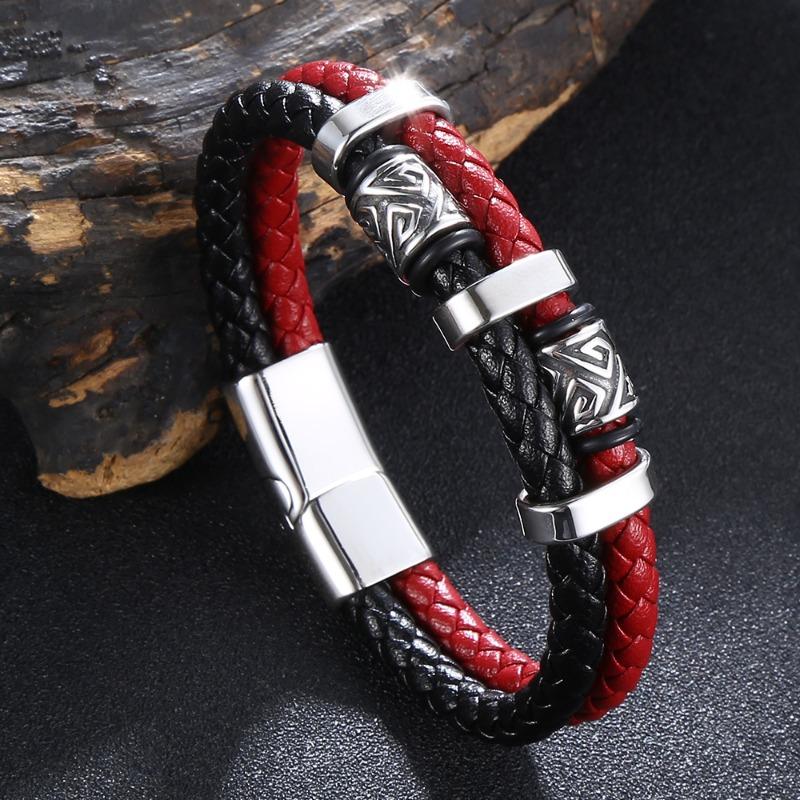 Meier Stainless steel braided leather bracelet - laser engraved men s personalized leather bangle Inner ring 165mm [straightened total length 197mm]