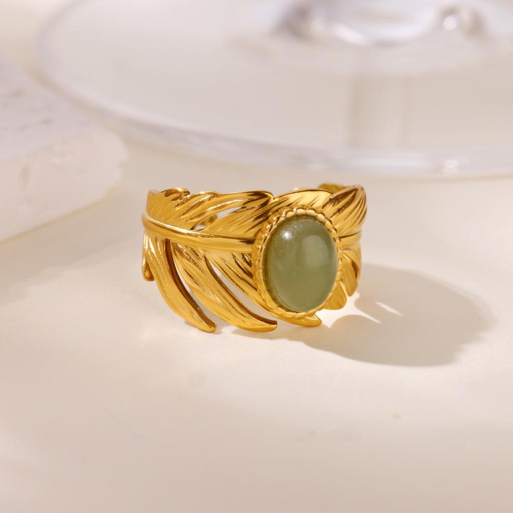 Vintage Green Stone Open Stainless Steel Rings For Women Fashion Gold Color Flower Zircon Ring Jewelry Aesthetic Anillos Gift