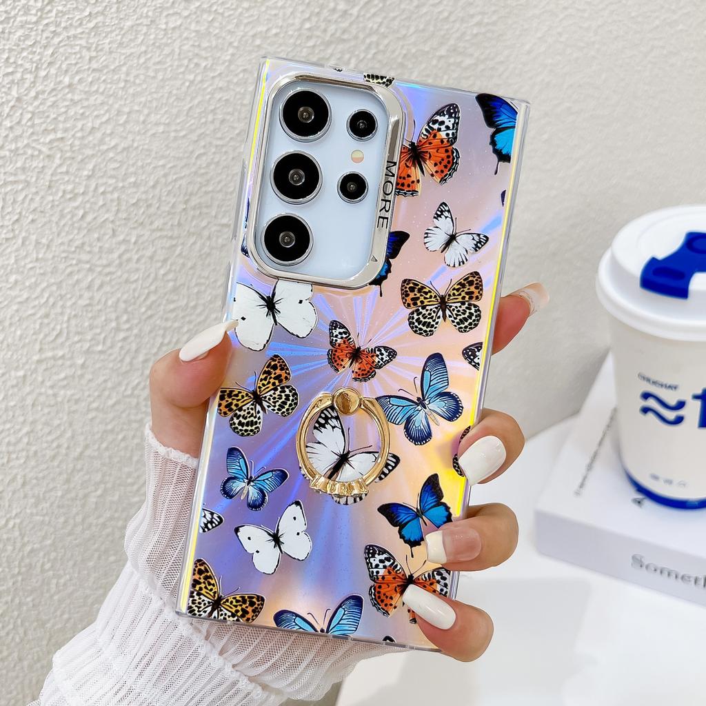 Laserový Vzor Motýl Vhodný pro Pouzdro na Mobilní Telefon Samsung S25ultra Galvanicky Pokovený S24Plus Prstenový Držák A56 Ochranné Pouzdro