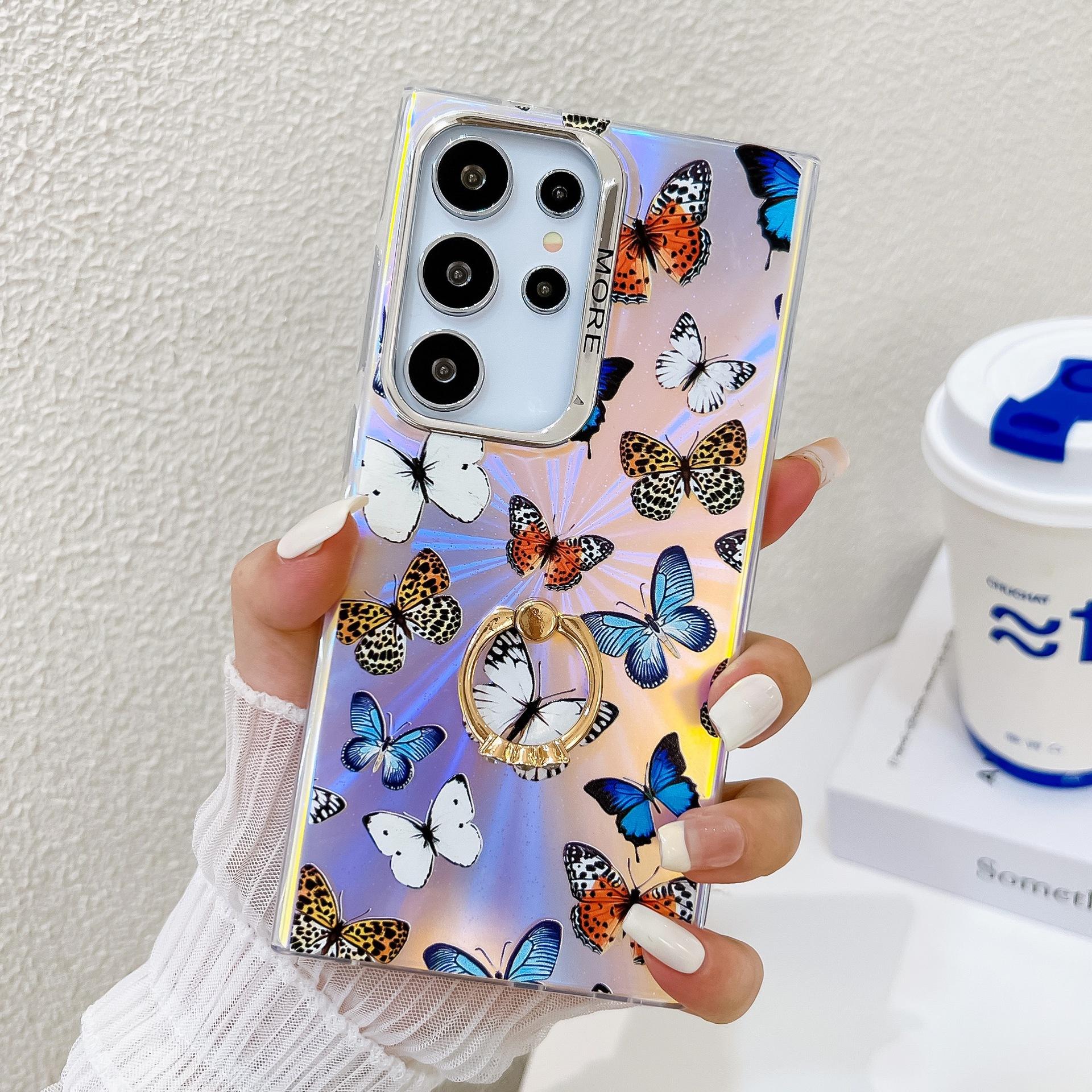 

Чехол для мобильного телефона Samsung S25ultra с лазерным узором «Бабочка», гальванизированный, с кольцом-подставкой S24Plus, защитный чехол A56 Galaxy S25