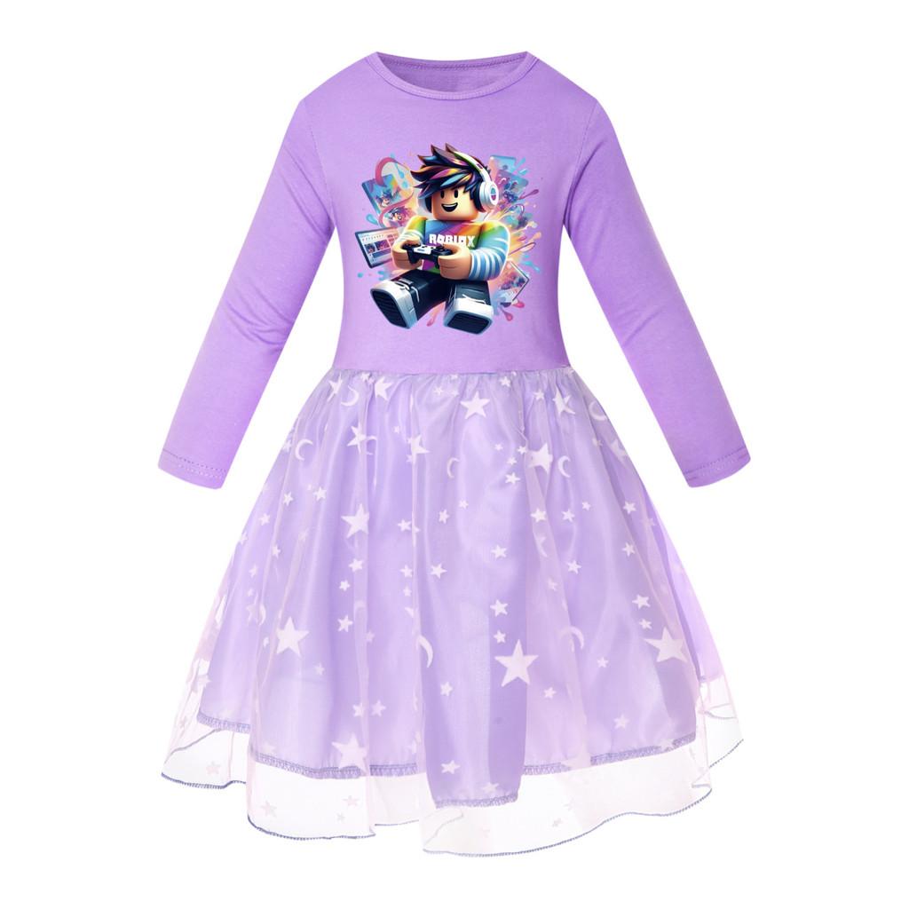 5529 Kids Girls Roblox Print Mesh Rainbow Round Neck Dress