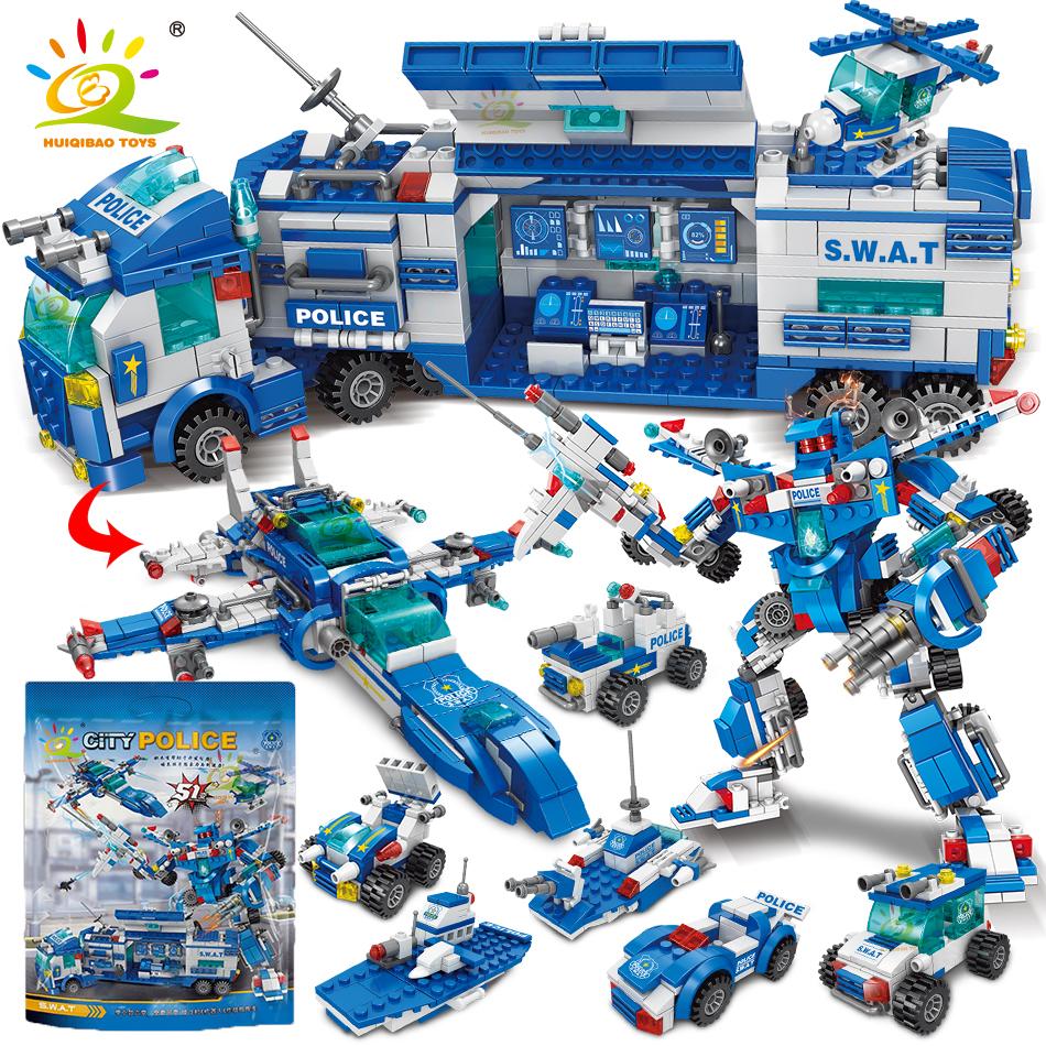 700PCS 8in1 City Police Command Trucks Building Blocks Policeman Robot Car Helicopter Model Bricks Toys for Children