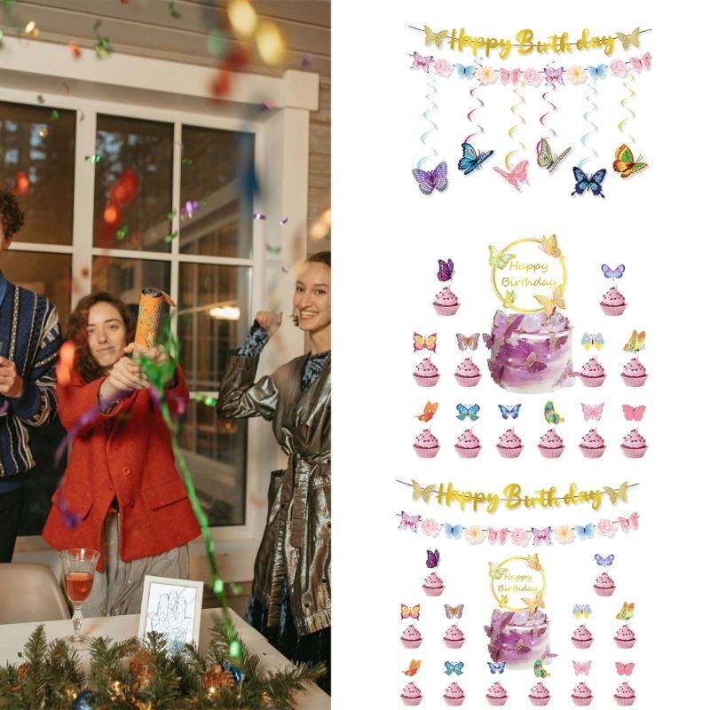 Butterfly Cake Toppers Set Party Supplies Hanging Swirls Colorful Banners Paper Texture for Creative Butterfly Dessert
