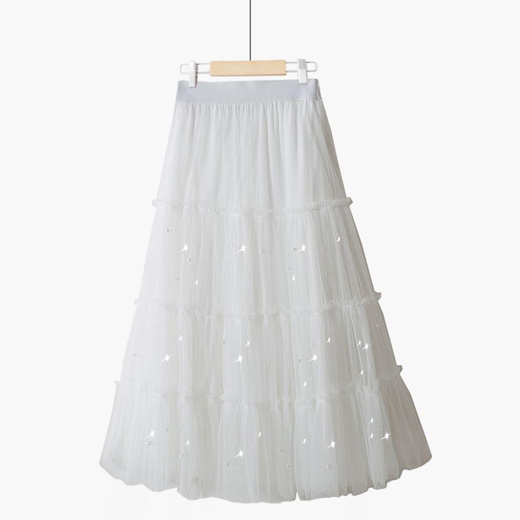 Wiosenna słodka retro wróżka jednokolorowa, z wysokim stanem, przybijana, pompowana spódnica z koralikami, tren średniej długości, pół spódnicy