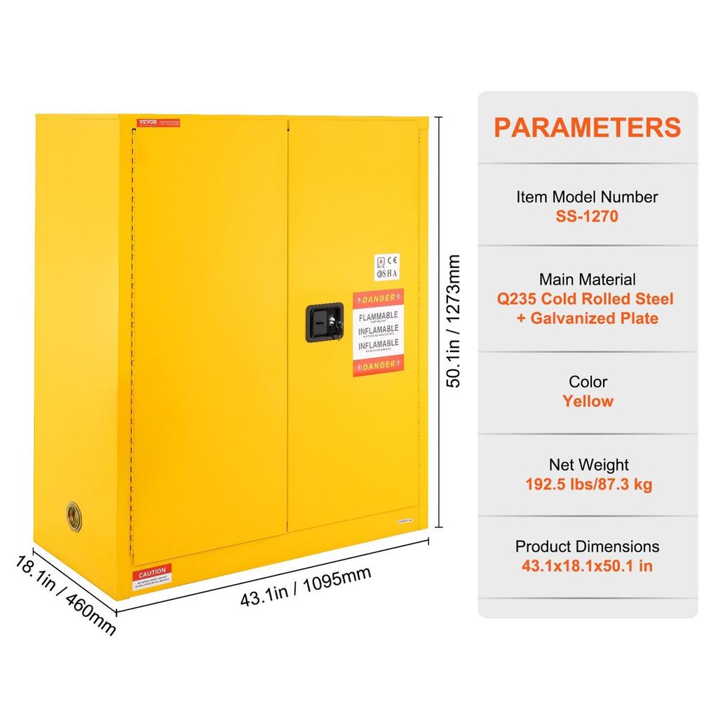 Flammable Safety Cabinet, 30 Gal, Cold-Rolled Steel Flammable Liquid Storage Cabinet, 43.1x18.1x50.1 in Explosion Proof with 1 Adjustable Shelf 2