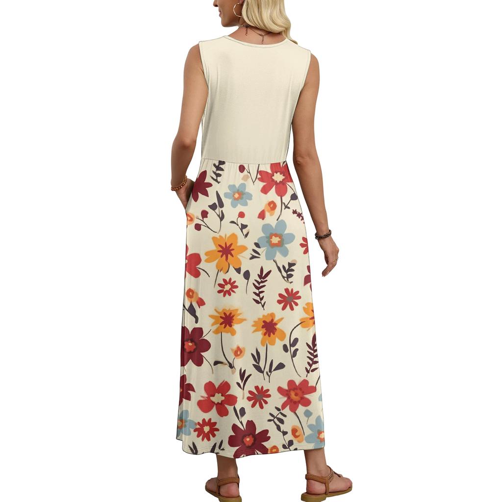 Sleeveless Floral Print Maxi Dress for Women Casual Waist Defined Long Dress Lightweight Summer Style Crew Neck
