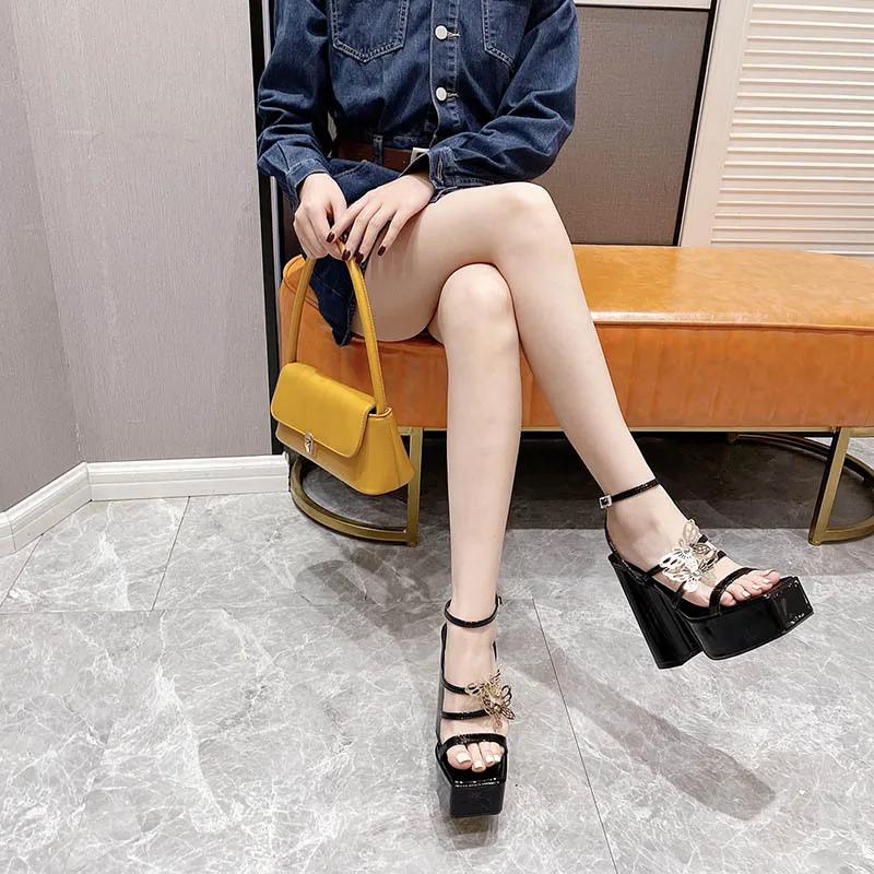 Black Platform Sandals for Women Pumps Summer Sexy Square Head Peep Toe Buckle Strap Butterfly Metal Decoration Shoes Roman