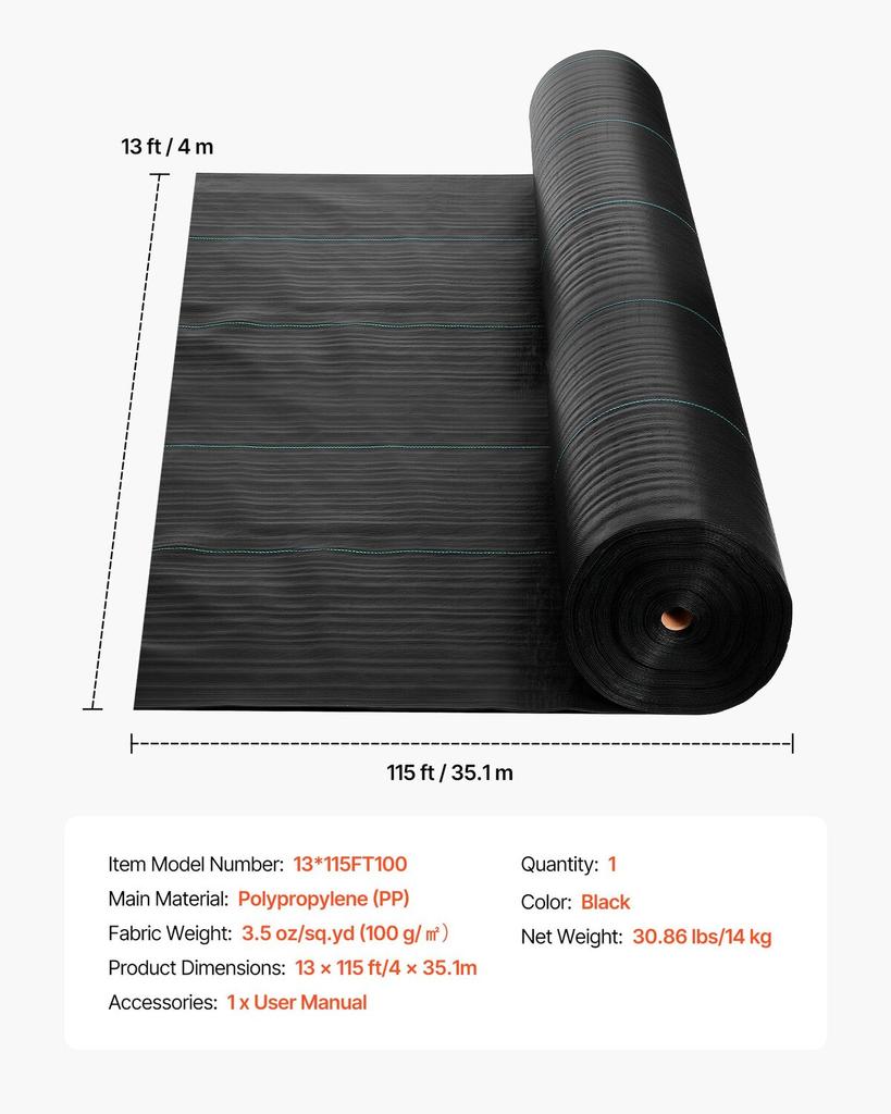 Weed Barrier Fabric Heavy Duty, 4x35.1m 99.2g Landscape Fabric, Woven Weed Blocker Fabrics, Garden Fabrics Weeds Barrier, Weeds Control Ground Cover,