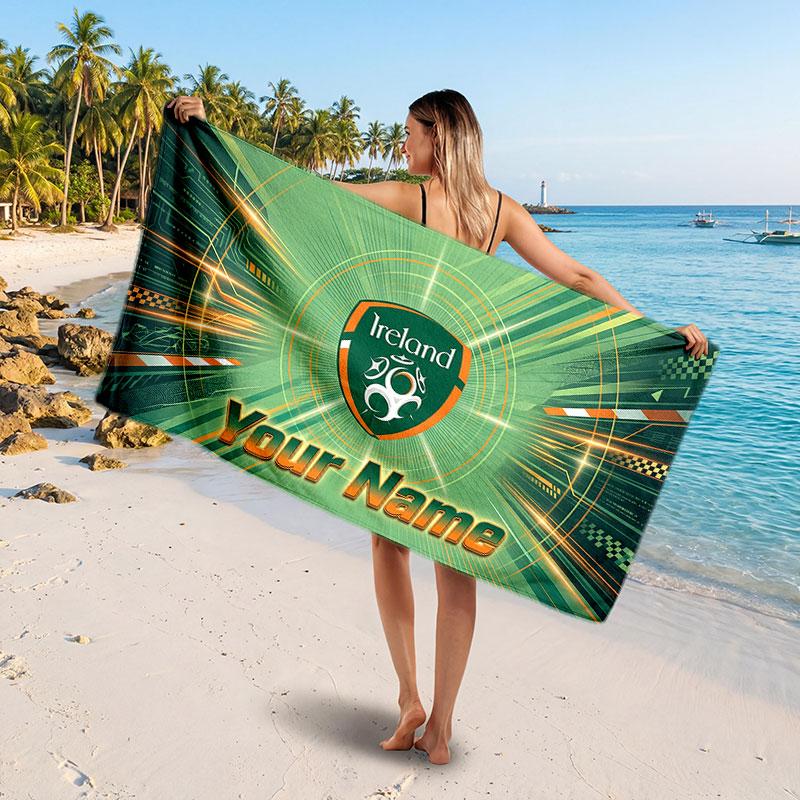 Ireland Rugby Customized Name Text Beach Towel, Soft Absorbent Towel Beach Pool Travel Personal Gift