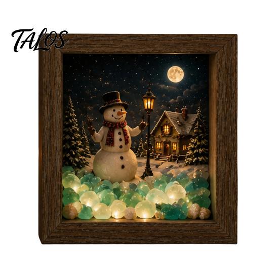Snowy Cabin Ornament Christmas Night Light Picture Frame, Vintage Wooden Frame 3D Mini Seasonal Home Accents Landscape Lamp, Desktop Atmosphere Decor