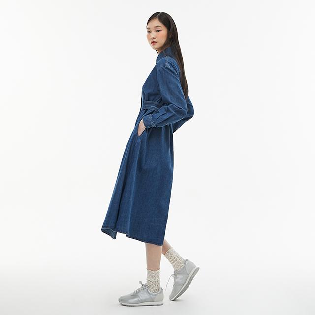 LAP Cut-Out Detail Shirt Collar Long Denim Dress Aq1Do262