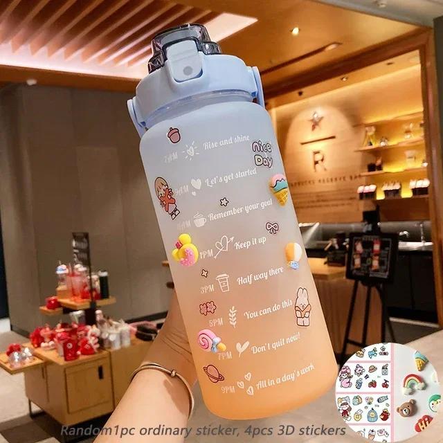 Large Couple Cup with Straw Time Scale Water Bottle Plastic Water Cup Large Student Frosted Outdoor Sports Water Bottles 2L