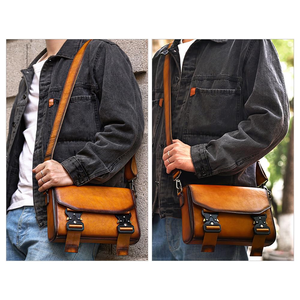 Whatna Antique-Style Tanned Natural Cowhide Leather Shoulder Bag for Men, Mini Crossbody Chest Bag with iPad Mini Storage, Perfect for Commuting,