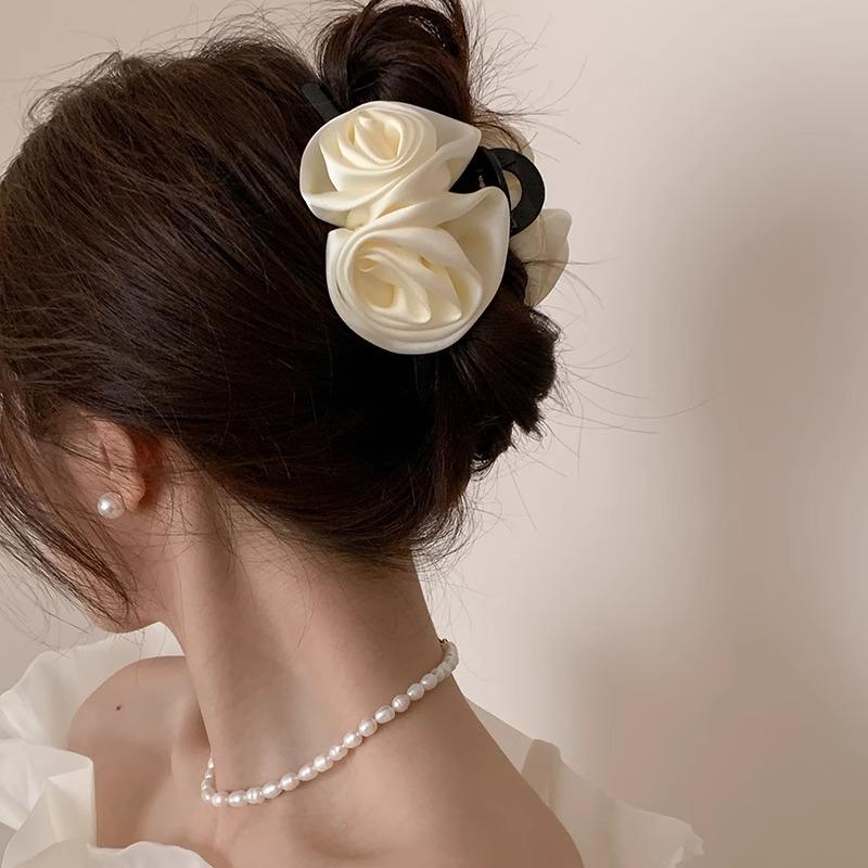 Retro Satin Rose Grab Clip Feminine Hair Clip Large Shark Clip Hair Accessory