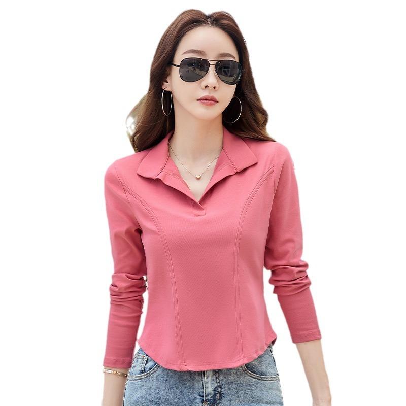 Autumn Ladies Solid Colour Lapel Long Sleeve T-Shirt