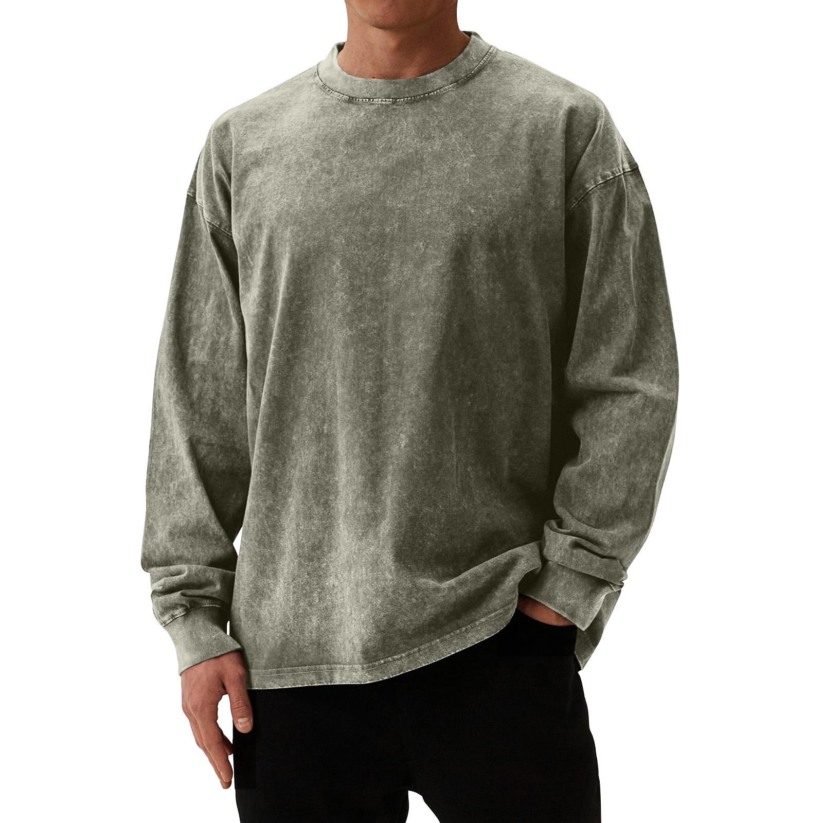 Men s Color Washed Long Sleeve Round Neck Tops Men s Casual Fashion Tops L